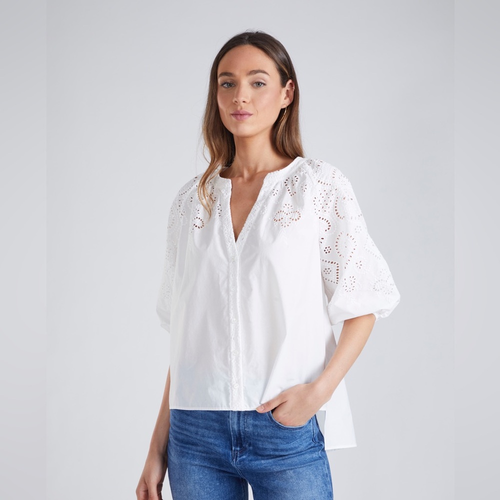 Shoshanna Spring 2022 white embroidered cotton button down shirt, size Medium